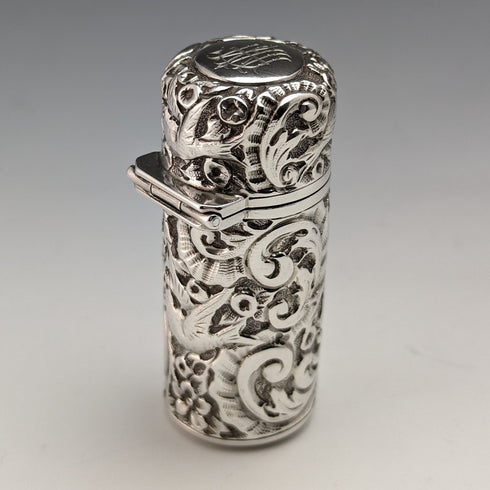 1896 British Antique Sterling Silver Relief Bird Sculpture Portable Perfume Bottle Sampson Mordan